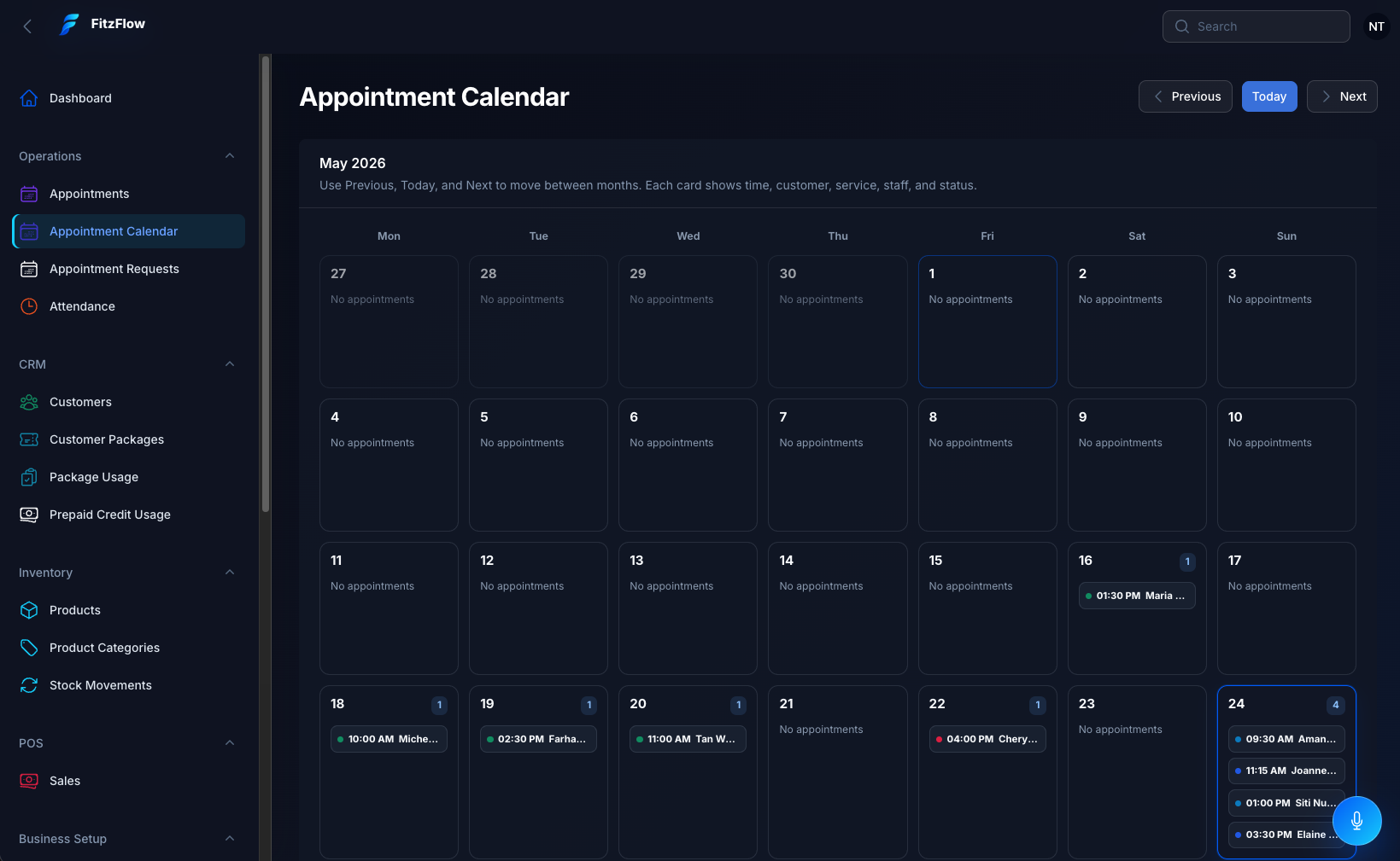 FitzFlow appointment calendar showing bookings and branch operations.