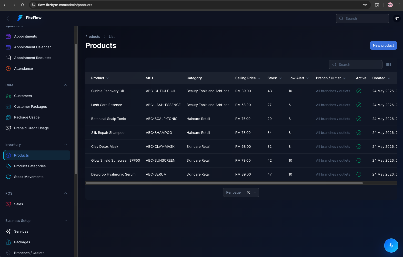 FitzFlow product inventory management screen.