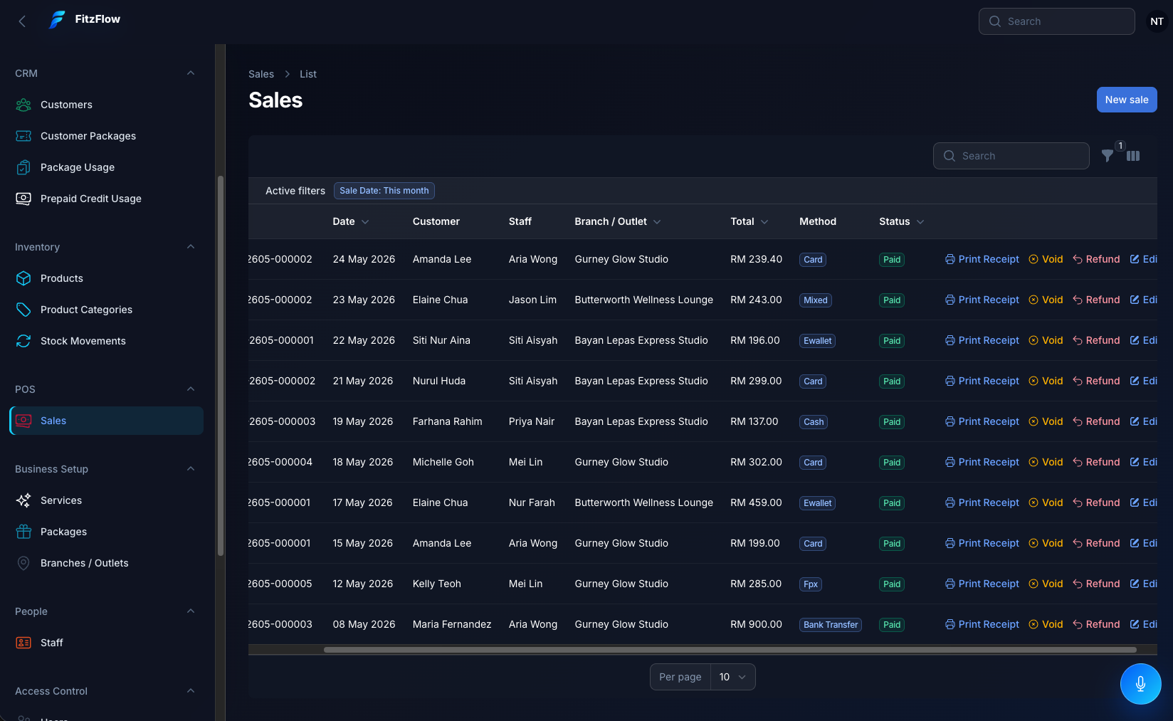 FitzFlow POS sales screen showing transaction and receipt workflows.