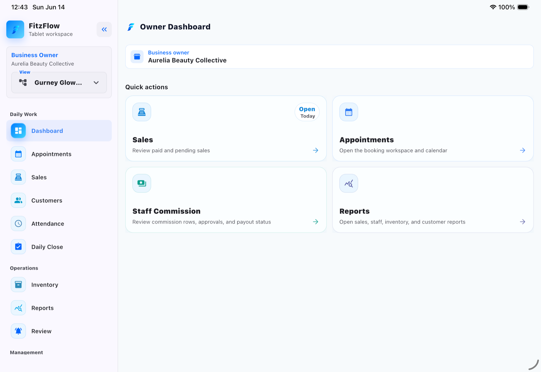 FitzFlow tablet owner dashboard with compact daily actions.