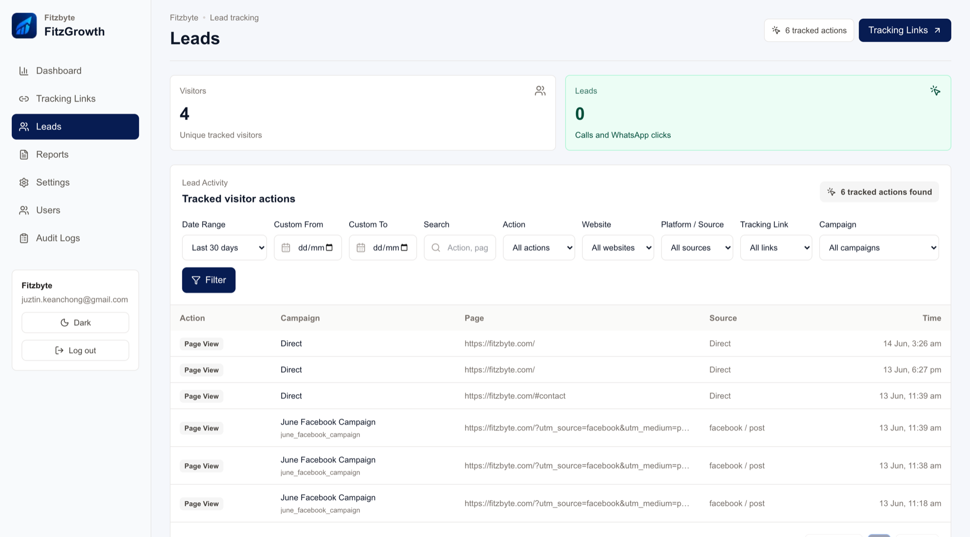 FitzGrowth leads page showing tracked visitor actions.